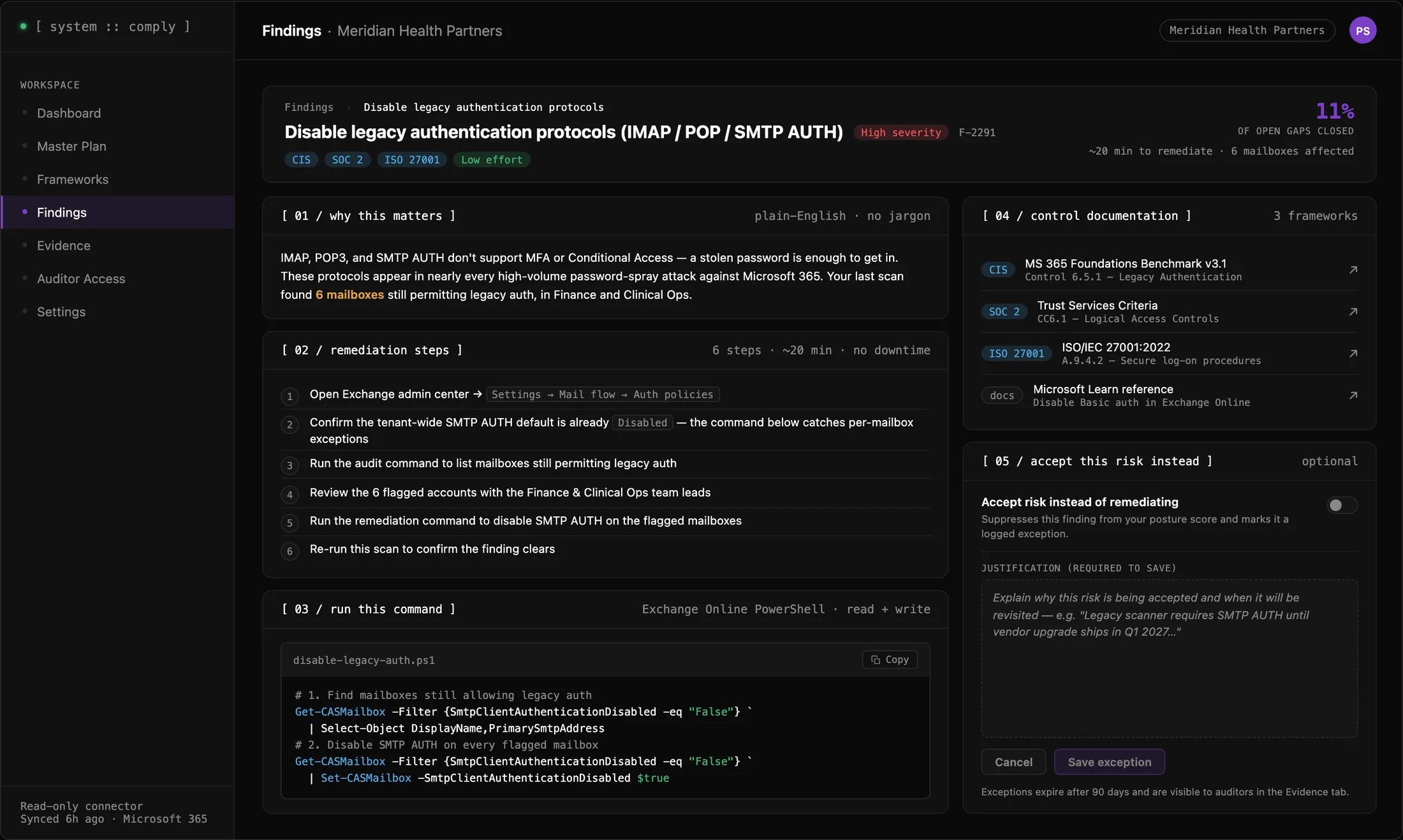 Comply finding detail showing a plain-English explanation and the exact PowerShell fix