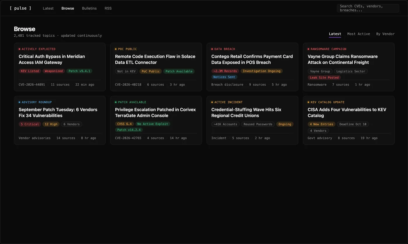 Pulse browse page showing the current grid of tracked topics