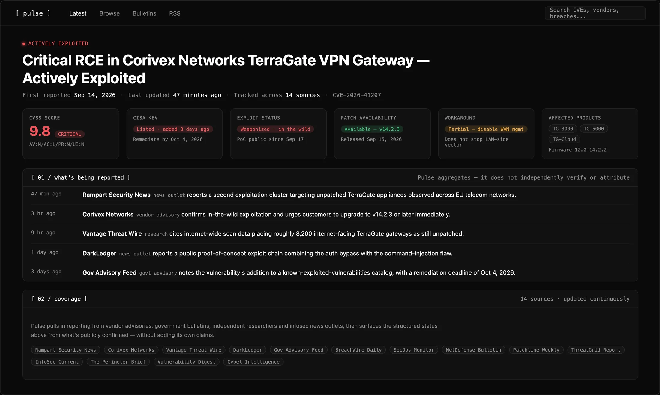 Pulse topic page showing the structured status overlay for an actively exploited vulnerability
